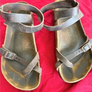 Birkenstock Yara Leather Flat Sandals US 9 40 Brown Logo Lace Up Strap Buckle